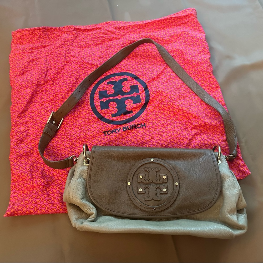 Tory Burch Two-Tone Pebbled Leather Crossbody in Brown and Cream